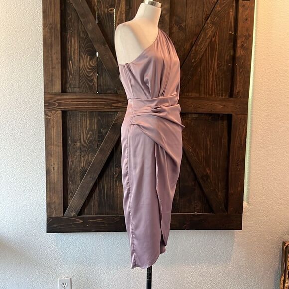 NWT ANRABESS Women's Satin Short Sleeve One Shoulder Cocktail Party Midi Dress - Picture 5 of 13